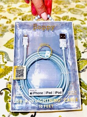 NIB🩶xo Poppy 10ft Light Blue USB-A to Lightning Braided Charging Cable - toile🩶